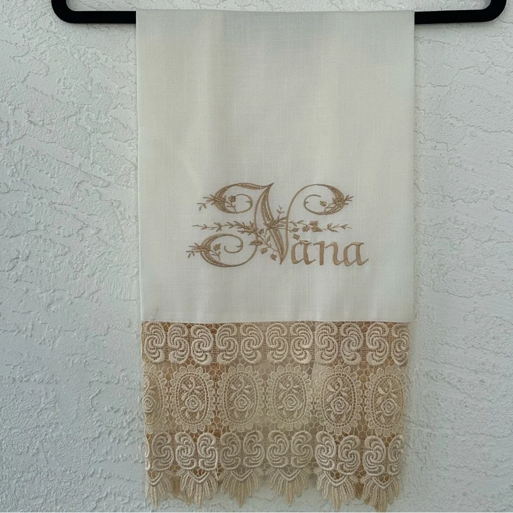 Nana Linen Hand Towel Embroidered Lace Cottage Chic 36” X 17 1/2 Handmade